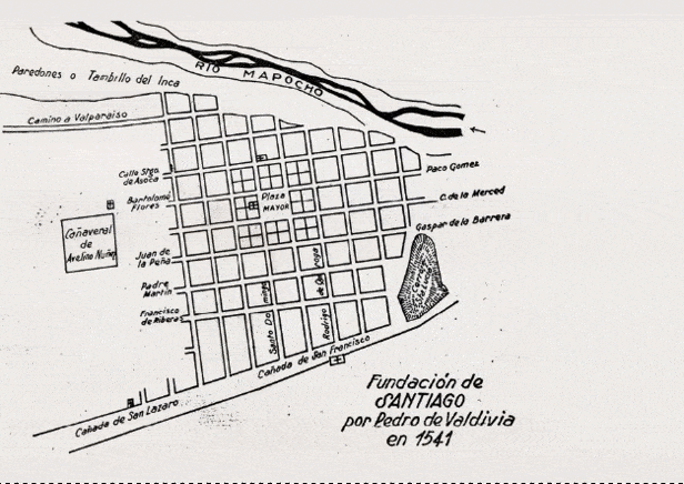 Este gif presenta la superposición de un mapa de Santiago de Chile creado en 1908 por Tomás Tayher Ojeda, sobre la ciudad en 1541; y lo que. es hoy Santiago de Chile, según un mapa digitalizado de la ciudad.